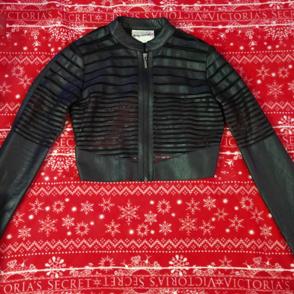 Body Central Black Leather Jacket with Modern Ribbed Design